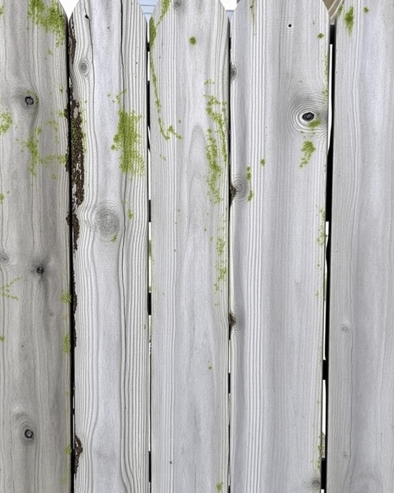 Weathered wooden fence with organic buildup before cleaning
